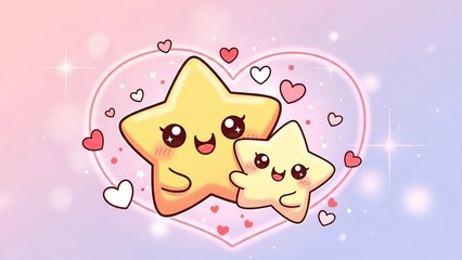 Cute yellow cartoon stars embracing with love hearts in a sparkling romantic gradient atmosphere illustration