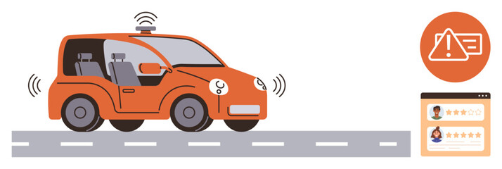 Naklejka premium Smart transportation, autonomous technology, safety protocols, user reviews, navigation systems, futuristic vehicles. Self-driving car with digital icons. Smart transportation and autonomous