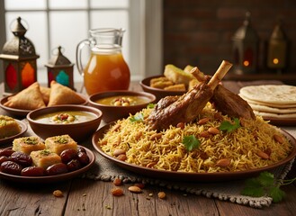 Traditional spiced rice dish with roasted meat, nuts, flatbread, and assorted side dishes on rustic table setting