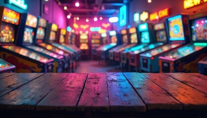 Empty wooden table in foreground with colorful arcade pinball machines in background. Neon lights glow in this retro gaming hall, perfect for product placement.