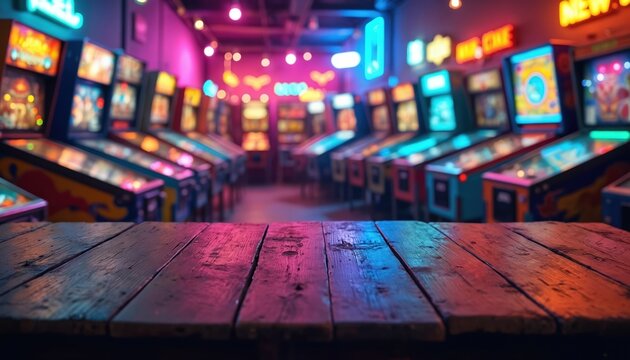 Empty wooden table in foreground with colorful arcade pinball machines in background. Neon lights glow in this retro gaming hall, perfect for product placement. - Powered by Adobe
