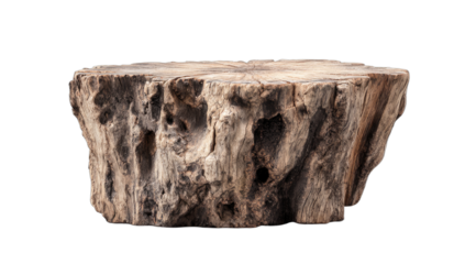 Rustic wooden stump with rough texture and natural holes against black