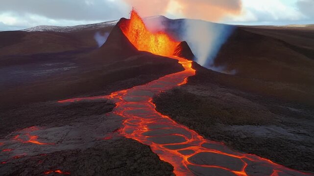&ldquo;Erupting volcano with bright orange lava flowing down slope plumes of smoke dramatic fiery landscape&rdquo;