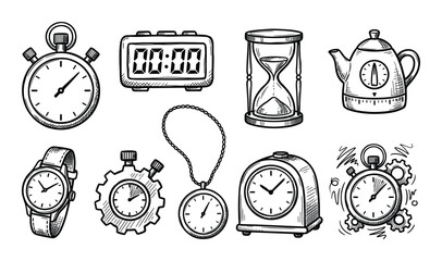 Hand drawn illustrations featuring different types of clocks, timers, and time measurement tools.