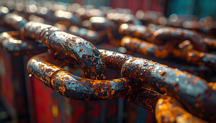 Rusty Chains: Close-up of industrial-strength chains showcasing age and the effects of time. Featuring a warm palette of textures and tones.