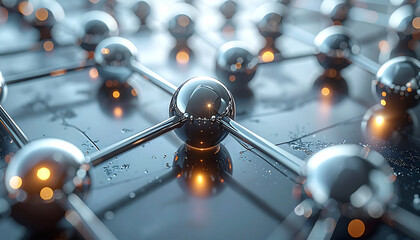 Interconnected Network: A close-up view unveils a complex network of interconnected spheres, representing the intricate connections of technology and the digital age.