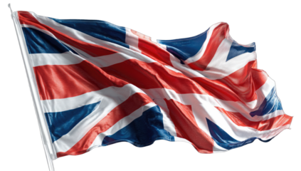 A rippling Union Jack flag against a transparent background, red, white, blue