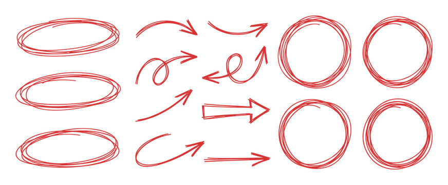 Hand-drawn red scribble arrows and circles collection. Vector ellipses and marker highlight circles for decor.