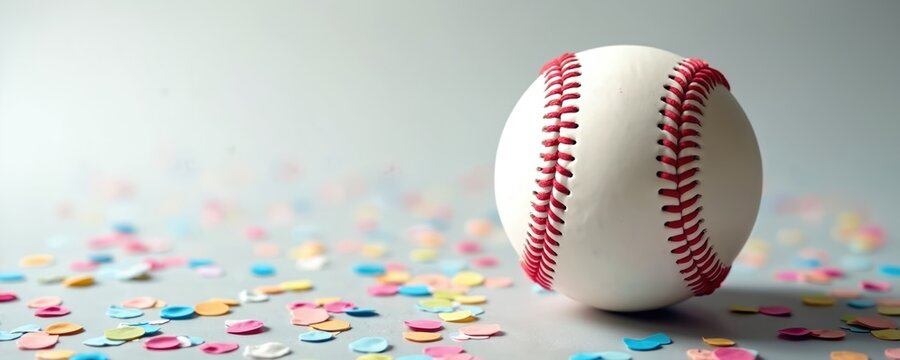 A baseball sits on a grey surface with colorful confetti scattered around. The image is ideal for birthday invitations, party decorations, or sports-themed events. - Powered by Adobe