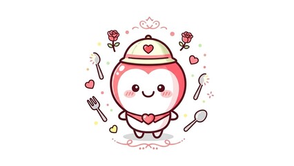 Obraz premium Adorable cartoon chef pot mascot with kitchen tools and floral decorations in a cheerful cooking theme illustration