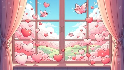 Whimsical open window scene with floating hearts and tiny birds against a dreamy sky and pastoral landscape view