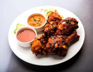 Delicious grilled chicken with spicy sauces on a white plate