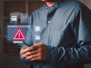 Cybersecurity and AI technology concept. A man using a smartphone with virtual AI interface and system warning alerts, illustrating data breach, hacking, malware attack, and digital security risks.