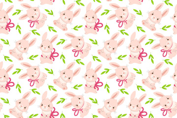Charming vector illustration of adorable bunnies with pink ribbons surrounded by green leaves. Playful and cute design, perfect for children s products or festive decor.