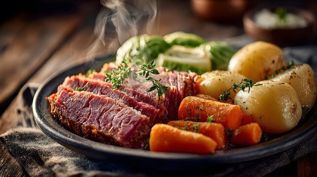 Traditional plate of corned beef and cabbage with carrots and potatoes on rustic wooden table with soft steam rising in home-cooked setting.