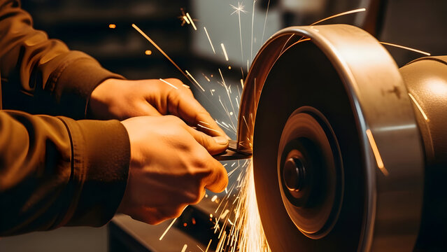 A person grinding a metal object on a bench grinder with sparks flying everywhere in a workshop setting - Powered by Adobe