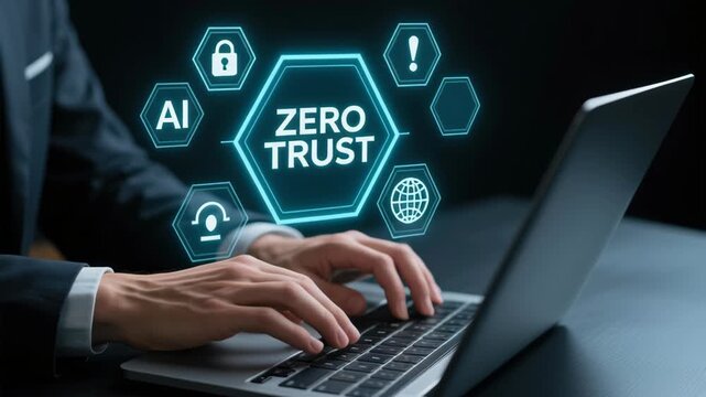 Zero trust security cloud data protection network system vpn connection technology smart business ai user types laptop creating secure access and monitoring to protect corporate information enhance