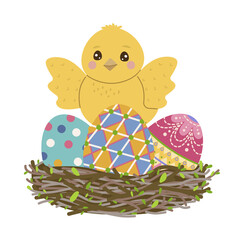 Cute chick stands in a nest with colorful Easter eggs featuring intricate designs. This charming vector illustration captures the essence of spring and Easter celebrations.