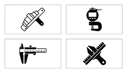 Icon set featuring measuring instruments: caliper, thickness gauge, wrench, and step block gauge in vector format.