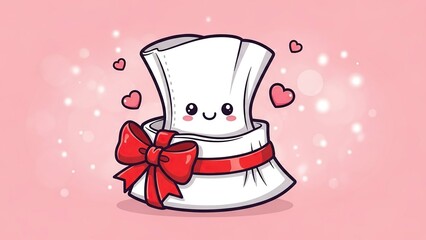 Cute animated birthday cake character with happy expression and red bow decoration in pastel pink setting with hearts