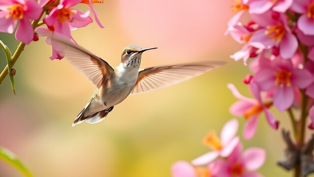 regress. A hummingbird in motion among vibrant flowers, wings blurred against a soft background. wildlife magazines, conservation campaigns, designed for wildlife conservation campaigns.