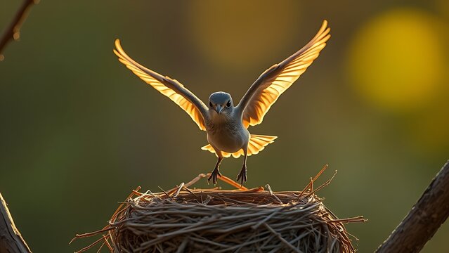 phonology. A young bird's first flight from the nest during the golden morning light. wildlife magazines, conservation campaigns, designed for nature documentaries and education.