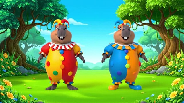 Two animated capybara clowns dancing playfully with energetic movements in front of a vivid green screen fantasy cartoon style smooth animation high quality production colorful costumes no noise
