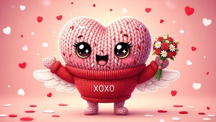 Charming pink knitted yarn character with big eyes holding a romantic flower bouquet in a love-themed celebration scene