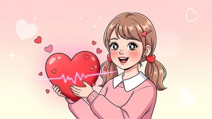 Joyful anime-style girl in pink clothing cradling a glowing red heart symbolizing love and happiness with floating hearts