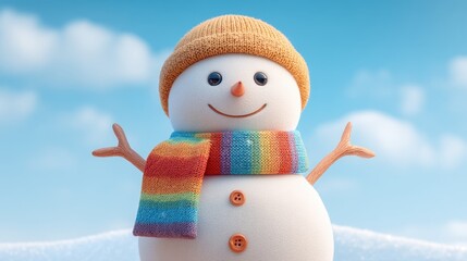 Playful Snowman with Digital Eyes and Colorful Warm Scarf in a Bright Winter Sky