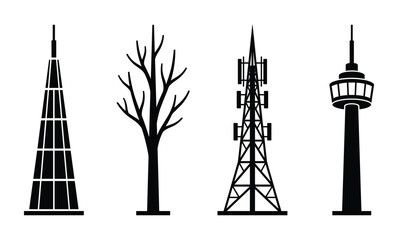 Obraz premium Icons of four black silhouette towers, including communication and architecture structures icons. Minimalist design.