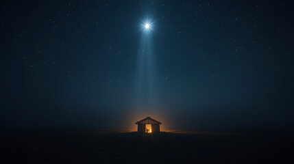 A serene night scene with a modest wooden stable illuminated by warm golden light contrasts with a deep-blue starry sky. A bright guiding star emits a soft vertical beam, enhancing the peaceful, spiri
