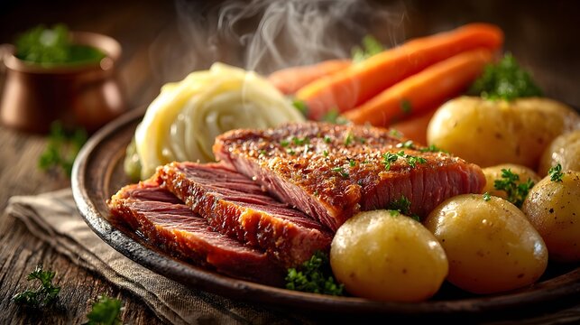 Traditional plate of corned beef and cabbage with carrots and potatoes on rustic wooden table with soft steam rising in home-cooked setting.