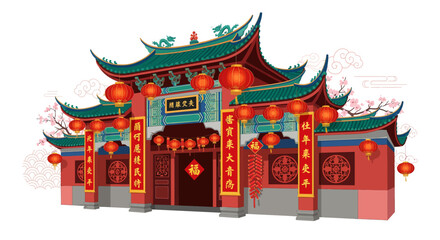 Traditional Chinese Temple Architecture with Red Lanterns and Festive Decorations