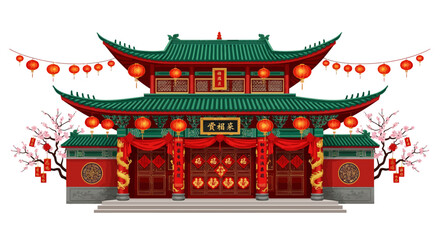 Traditional Chinese Gatehouse with Red Lanterns and Cherry Blossoms