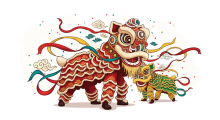 Traditional Chinese lion dance performance illustration for New Year celebration, featuring vibrant colors, ribbons, and auspicious clouds, embodying festive joy and cultural spirit