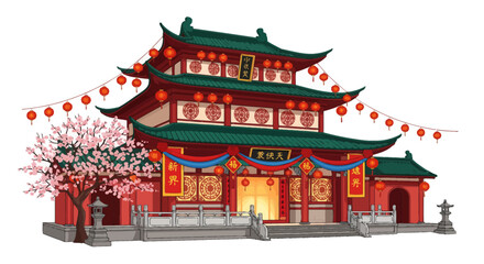 Vibrant traditional Chinese temple building, beautifully adorned with festive red lanterns and delicate cherry blossoms, evoking cultural heritage and celebration