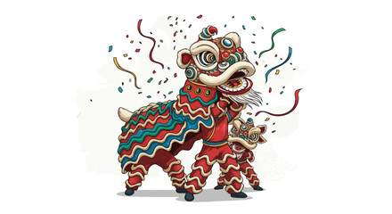 Vibrant Chinese Lion Dance Performance with Festive Confetti Amidst a Joyful Celebration of Lunar New Year Traditions and Asian Cultural Festivities