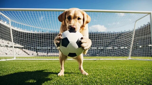 A cheerful, golden-colored dog, likely a retriever or labrador type, is captured in a dynamic, low-angle shot on a vibrant green grass field, enthusiastically interacting with a classic black and whit