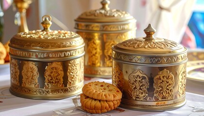 Ornate gold containers and cookies on a table.