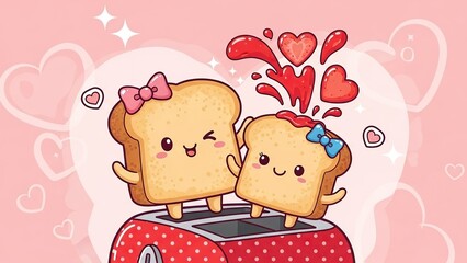 Cute cartoon toast characters with bows smiling and standing on a polka dot toaster surrounded by floating love hearts in a pastel setting