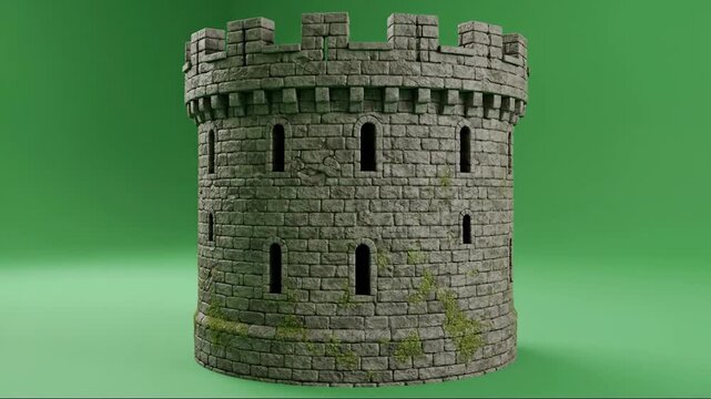 A detailed 3D render of a medieval stone castle tower with crenellations and small windows, set against a plain green background.