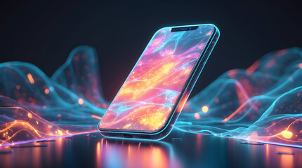 Futuristic Transparent Smartphone Concept with Glowing Neon Circuitry and Holographic Display