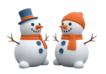 3d cartoon snowmen with hats and scarves transparent background cutout png