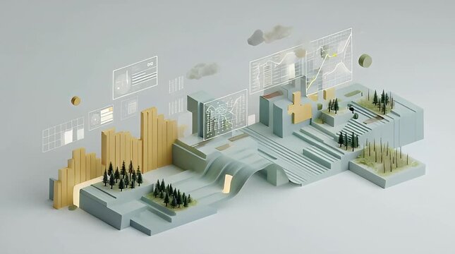 Futuristic Isometric Landscape with Abstract Architecture and Data Visualizations