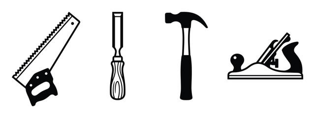Illustration of woodworking tools including a saw, chisel, hammer, and hand plane for carpentry and crafts.