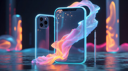 Futuristic Transparent Smartphone Concept with Glowing Neon Circuitry and Holographic Display