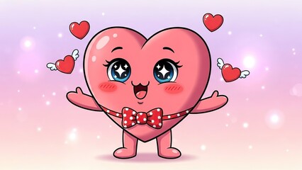 Cute animated heart mascot with sparkling eyes and bow tie celebrating love and affection in a whimsical style