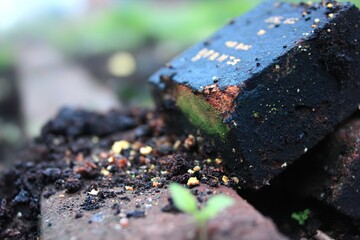 Stacked bricks covered with soil in garden close-up, with shallow depth