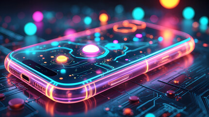 Futuristic Transparent Smartphone Concept with Glowing Neon Circuitry and Holographic Display